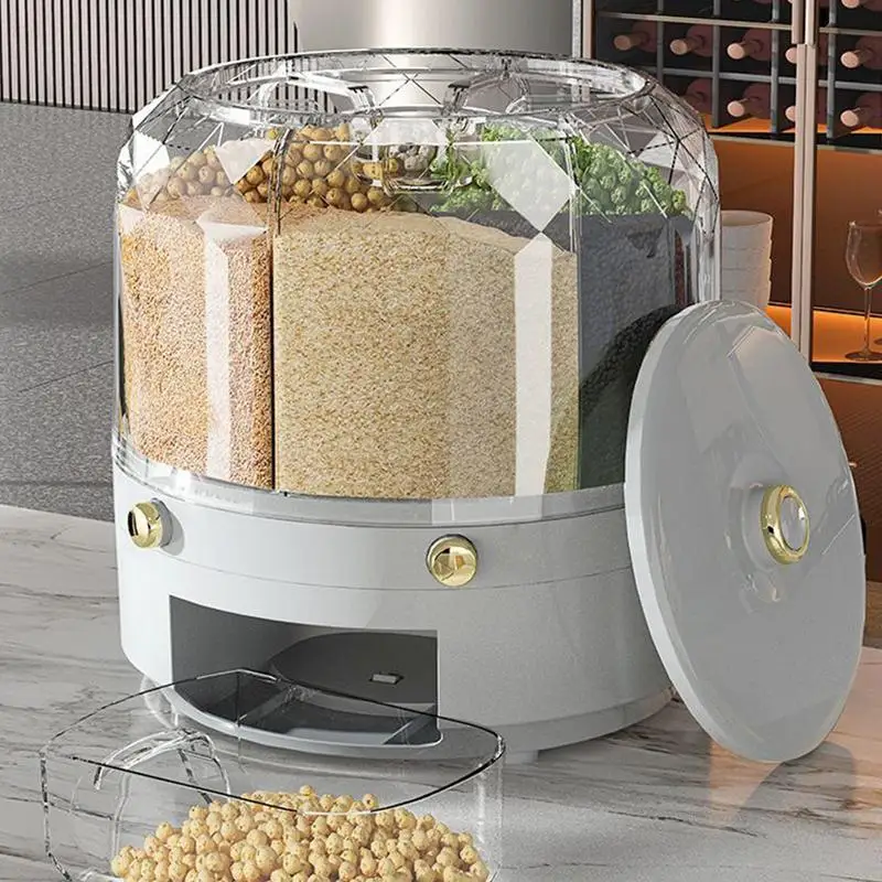 Grain Dispenser Large Capacity Round Cereal Dispenser 360 Rotating Candy Dispenser 6 Grids Grain Storage Box For Cabinet