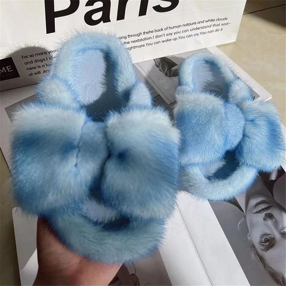 Luxury Mink Slippers For Women In Europe Station New Flat Bottomed Fashionble Bowkont Plush Slippers For Spring And Antumn 2023