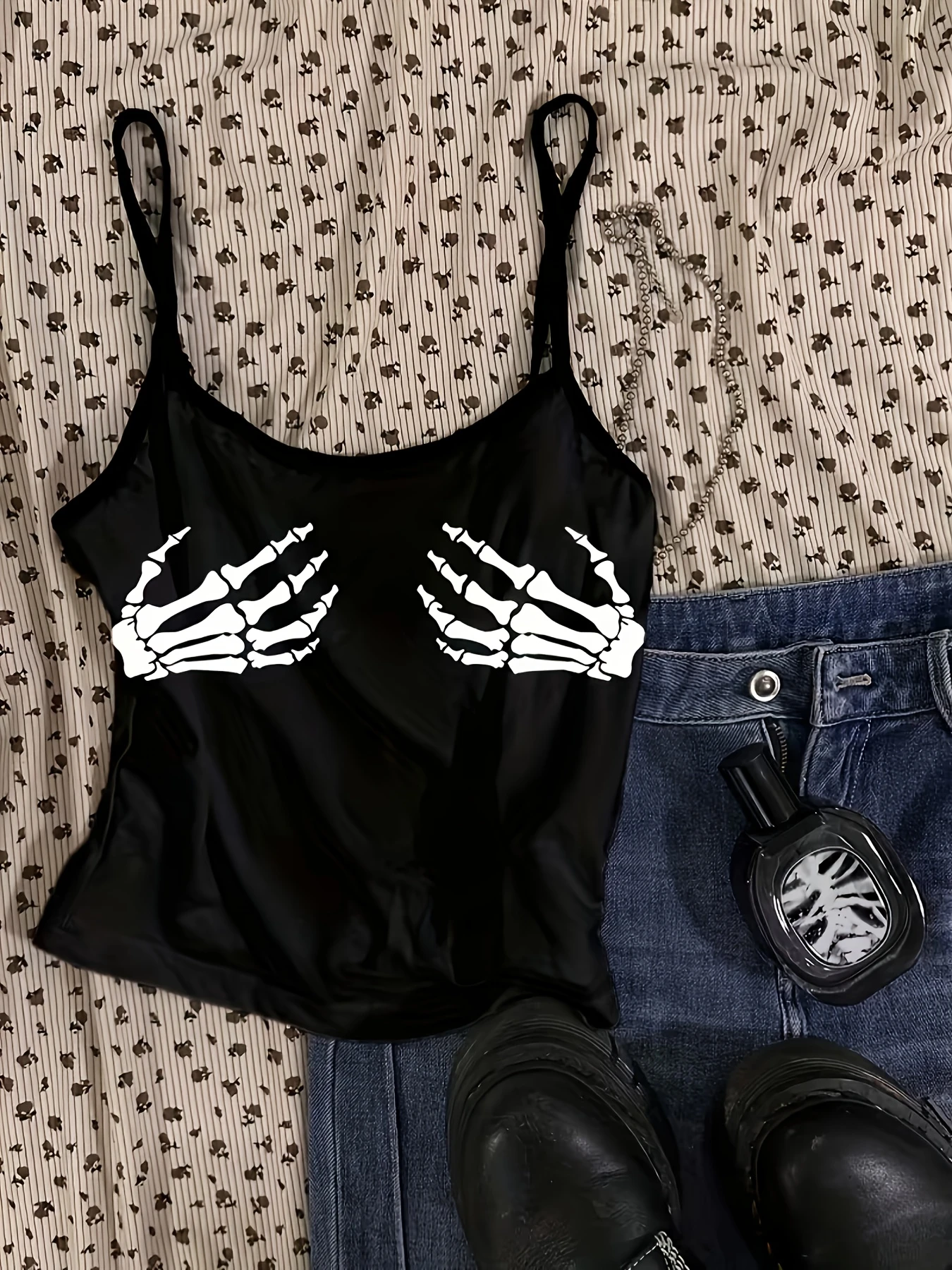 Set of Gothic Skeleton Print Camisoles for Women, Crown Skull Hand Rib Design, Stylish and Cool Slim-Fit Sleeveless Tops for Hot