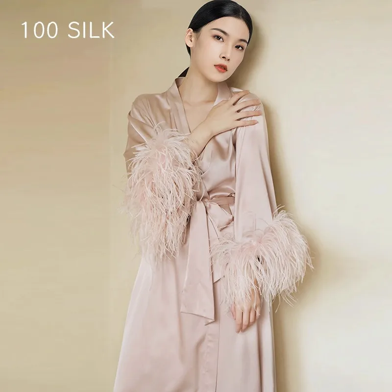 

Luxury Women's Satin Nightgown Ostrich Feather High End 100% Mulberry Silk Bridal Dressing Gown Spring Summer Elegant Robe L