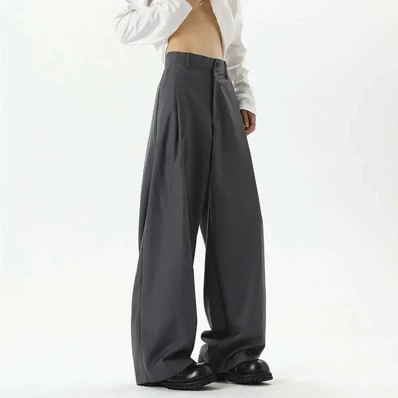 

Мужские брюки в американском стиле, плиссированные брюки, широкие брюки, однотонные, на пуговицах, повседневные прямые новые мужские брюки