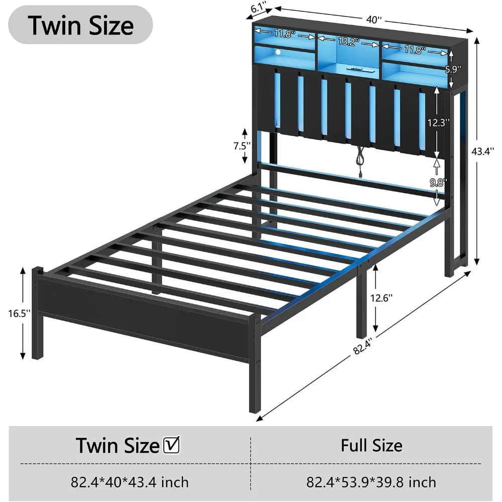 CSZZD Twin Size Bed Frame with Storage Headboard and LED Lights