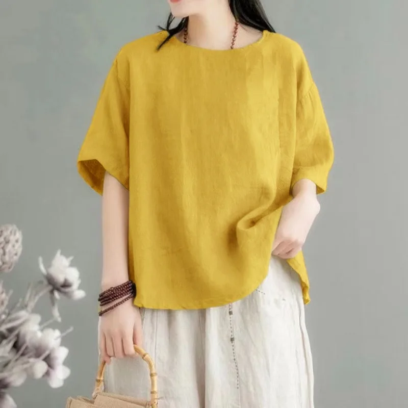 Women's Cotton Linen Short Sleeve T-Shirts Chinese Style Loose Thin O-Neck Blouse Multiple Colors Elegant Half Sleeve Shirt