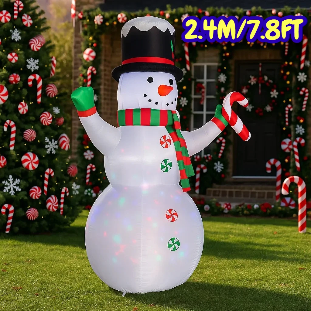 Pupazzo di neve di Natale gonfiabile da 2,4 M / 7,8FT con luci a bastoncino di zucchero Decorazioni per la casa a LED Decorazioni gonfiabili per esterni da giardino