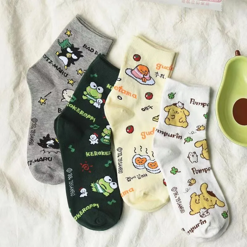 Sanrios Anime Pompom Purins Kawaii Socks Children Mid Tube Cotton Socks Cartoon Cute Little Frog Short Socks Christmas Gifts