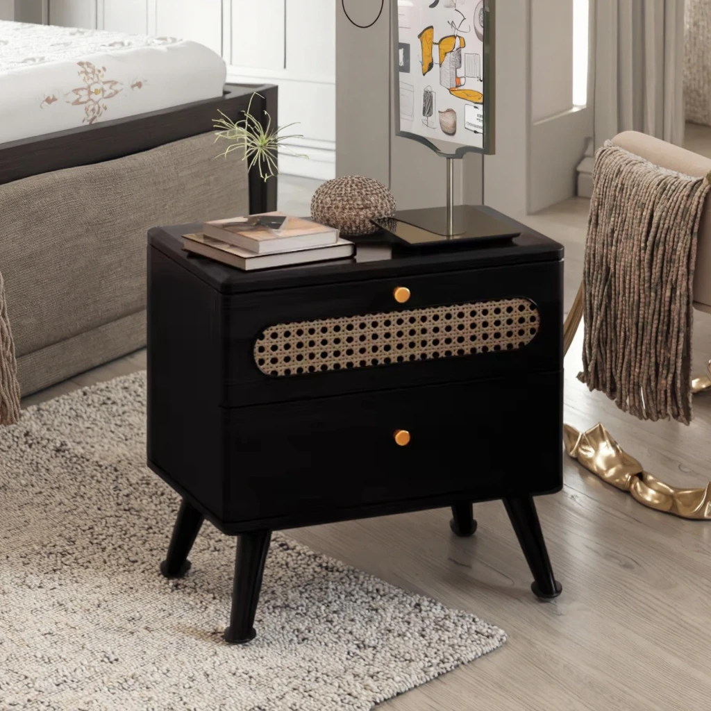 #Luxury Solid Wood Bedroom Furniture Rattan Design Night Stand Multi-Use Storage Cabinet Wooden Bedside Table for Living Room