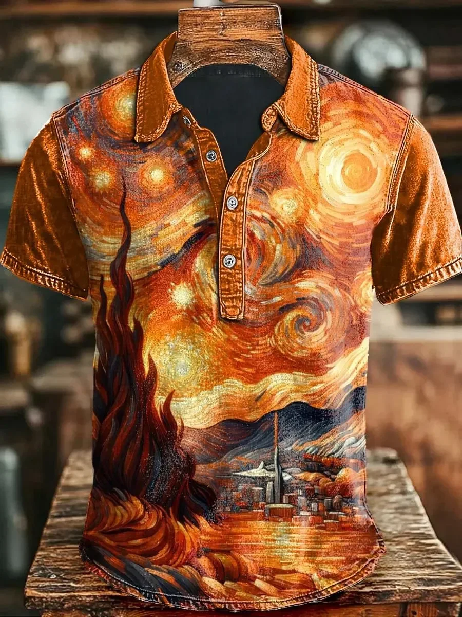 Bohemian Style Short Sleeved Polo Shirt with Yellow and Blue Gradient Mandala Print Loose Casual Shirt