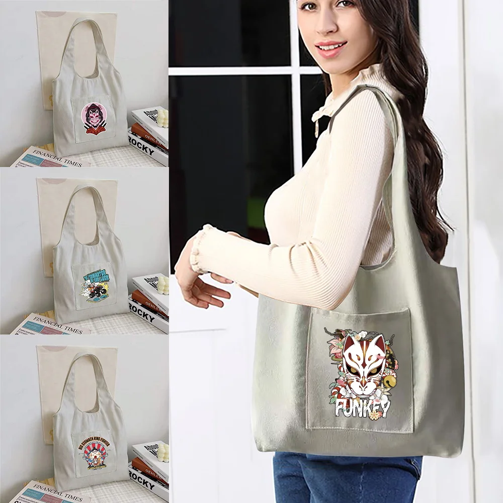 

Foldable Shopping Bag Reusable Handbag Shopper Bag Casual Ladies Canvas Large Capacity Mask Print Shoulder Tote Bag