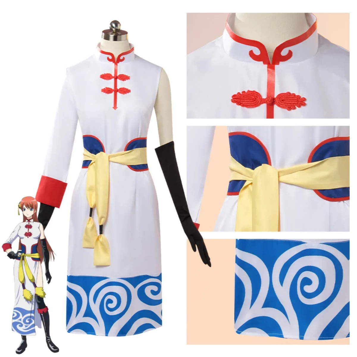 Anime GINTAMA Kagura Cosplay Costume Leader Chinese Style White Cheongsam Dress Wig Headwear Woman Sexy Carnival Christmas Suit