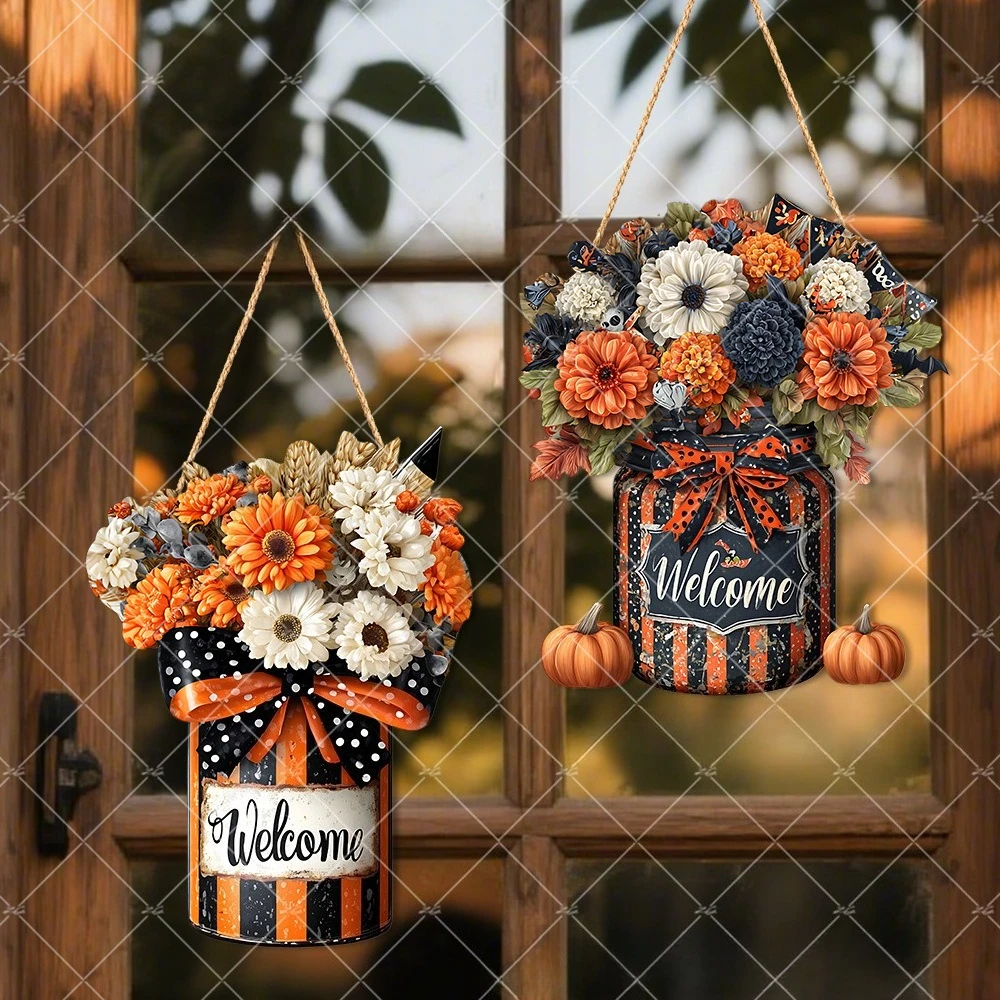 Fall Pumpkin Welcome Sign, Wooden Hello Hanging Plaque, Rustic Farmhouse Autumn Door Decor for Thanksgiving, Front Door, Porch, Entryway & Seasonal Home Decoration