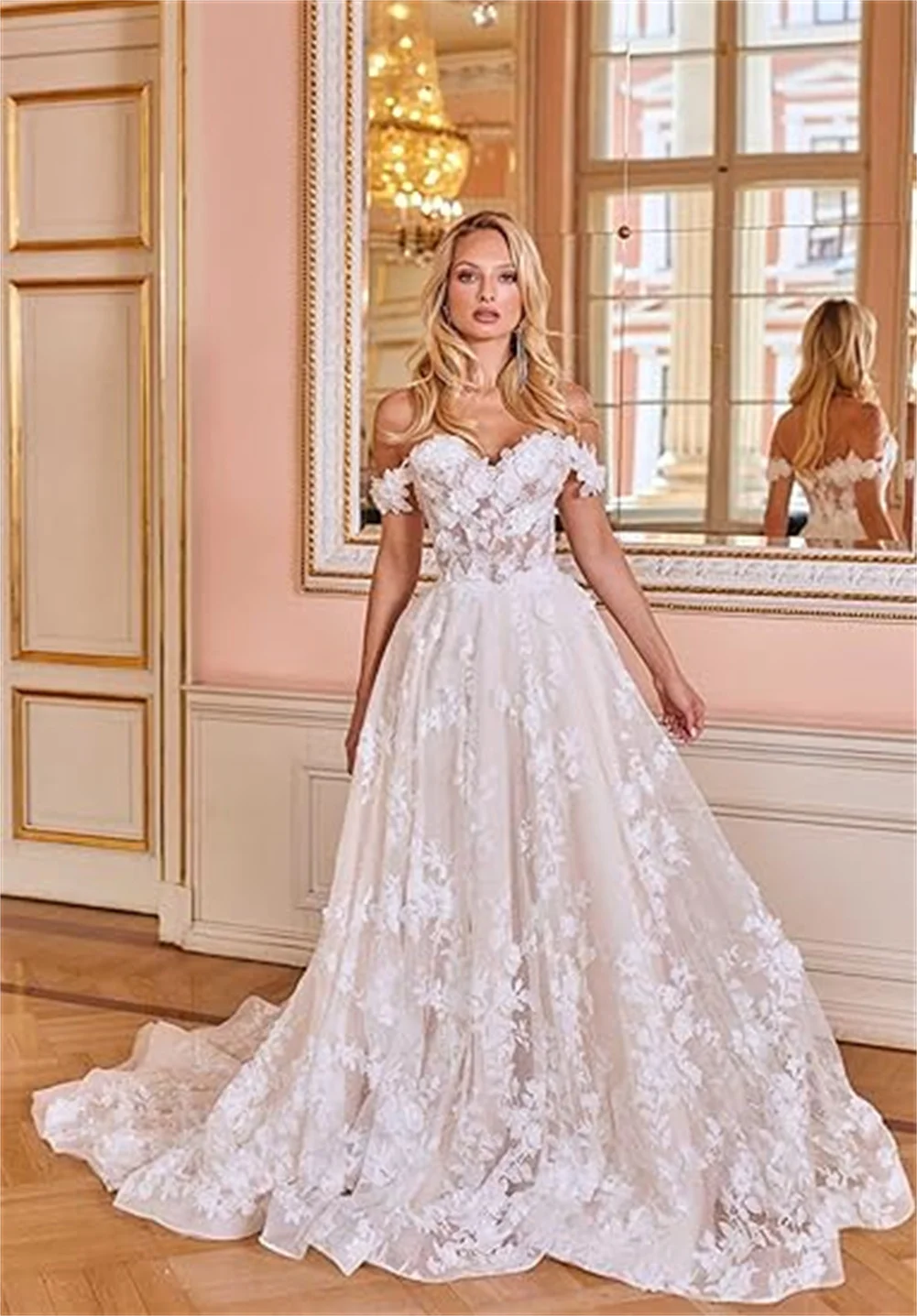 

Customized Off Shoulder Tulle 3D Flower Elegant Wedding Dress For Bride A Line Boho Lace Appliques Sweet Bridal Gowns With Train