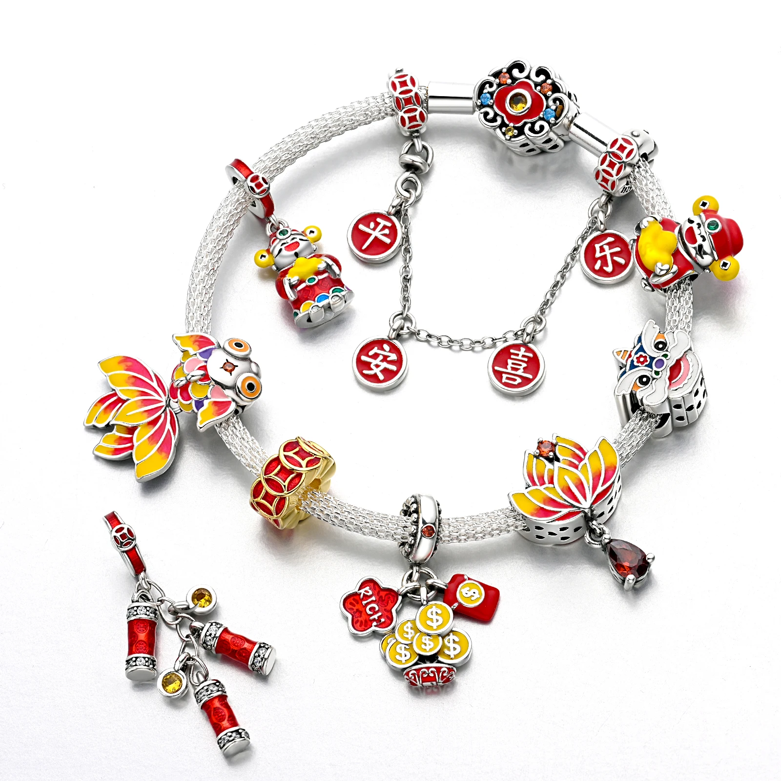 New Year Series 925 Silver God Of Wealth Lion Dance Chinese Knot Charms Beads Fit Pandora Original Bracelets DIY Jewelry Gifts