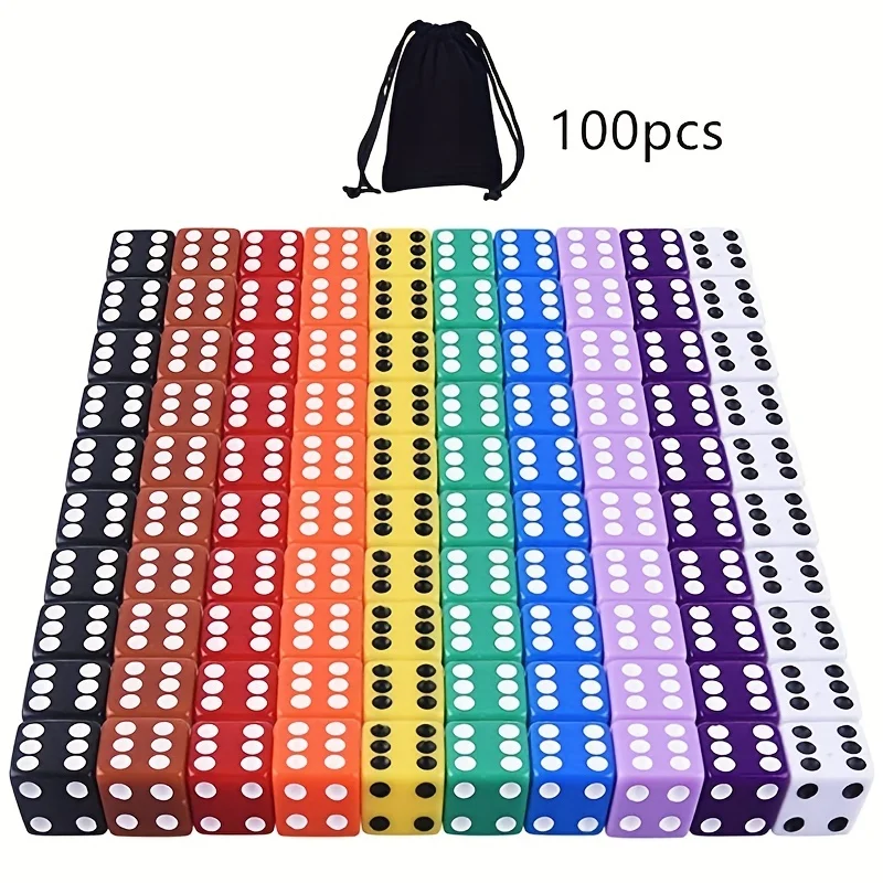 100 Pieces, 50 Pieces, 10 Pieces, A Set Of Acrylic Dice 0.62-inch Game Dice,  Math Games -10 Colors，Free Velvet Storage Bag