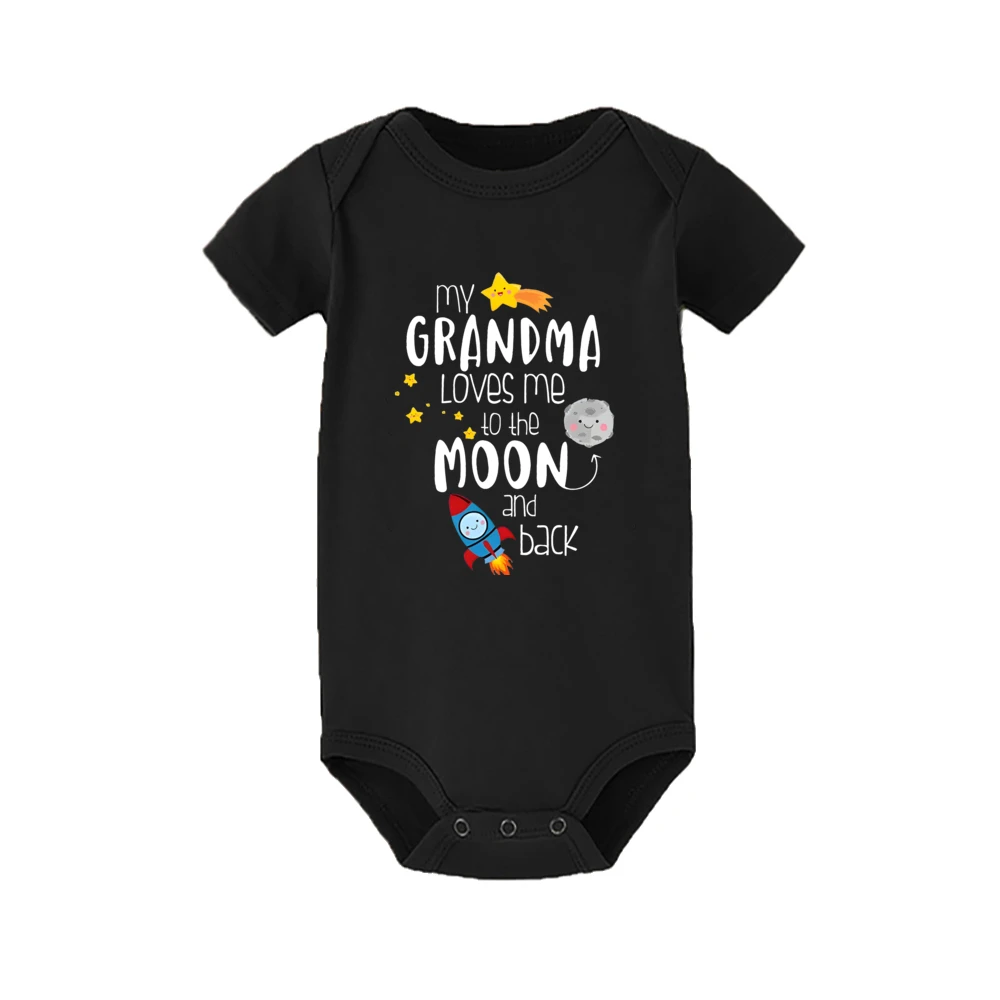 My Grandma Loves Me To The Moon and Back Printed Baby Bodysuit Funny Newborn Jumpsuit Infant Short Sleeve Romper Toddler Clothes