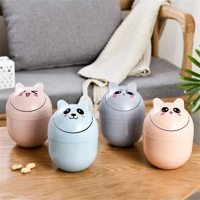 Ins Style Creative Cute Home Desktop with Lid Trash Can Small Mini Kawaii Bedroom Desk Storage Box Pen Holder Give A Sticker