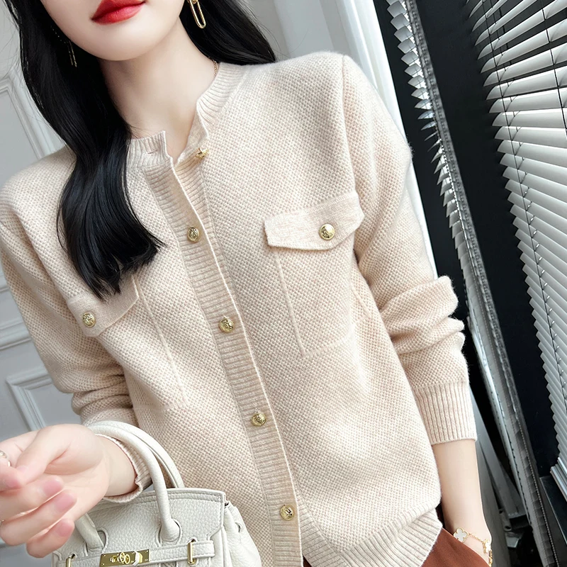 Women\'s Sweater Autumn/Winter New 100% Wool Coat Round Neck Knitted Cardigan Casual Loose Large Size Tops Long Sleeved Clothing