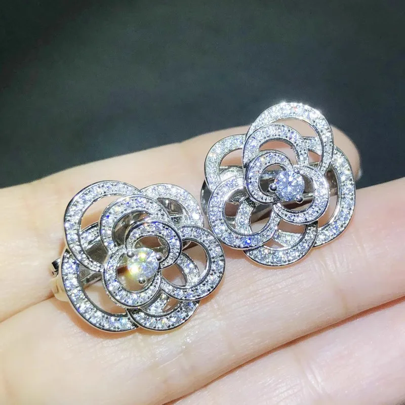 Dazzling Flower Stud Earrings 925 Sterling Silver Luxury Trendy Earrings for Women Aesthetic Accessories Wedding Female Jewelry