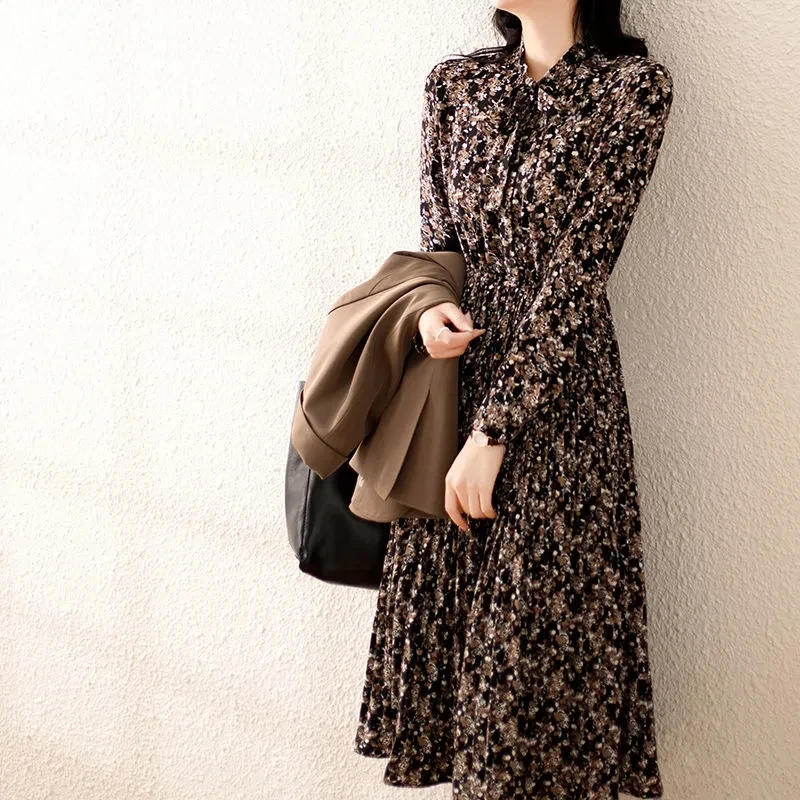 South Korea autumn women's new floral chiffon dress casual pleated skirt fashion women's printed long-sleeved dress