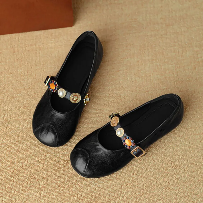 

High quality fashionable single shoe women's soft leather flat bottomed retro rhinestone ballet Mary Jane shoes
