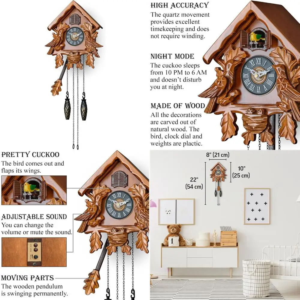 

Brown Wooden Timegear Cuckoo Clock with Night Mode, Singing Bird, Wooden Decorations, and Swinging Pendulum