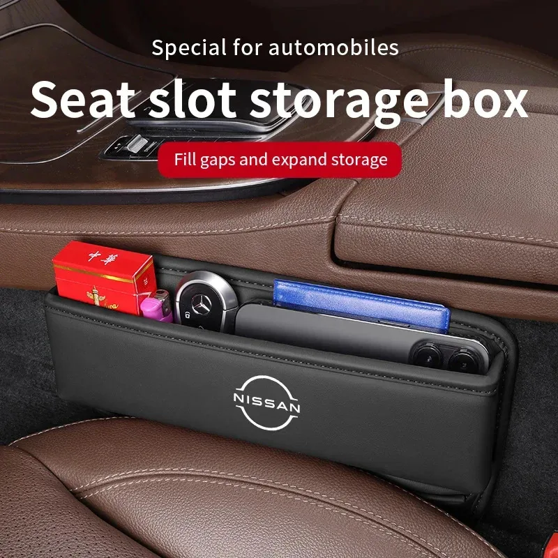 

Nissan Nismo Qashqai Juke X-Trail Patrol Note Leaf Altima Maxima Micra Car Storage And Finishing Leather Seat Gap Storage Box