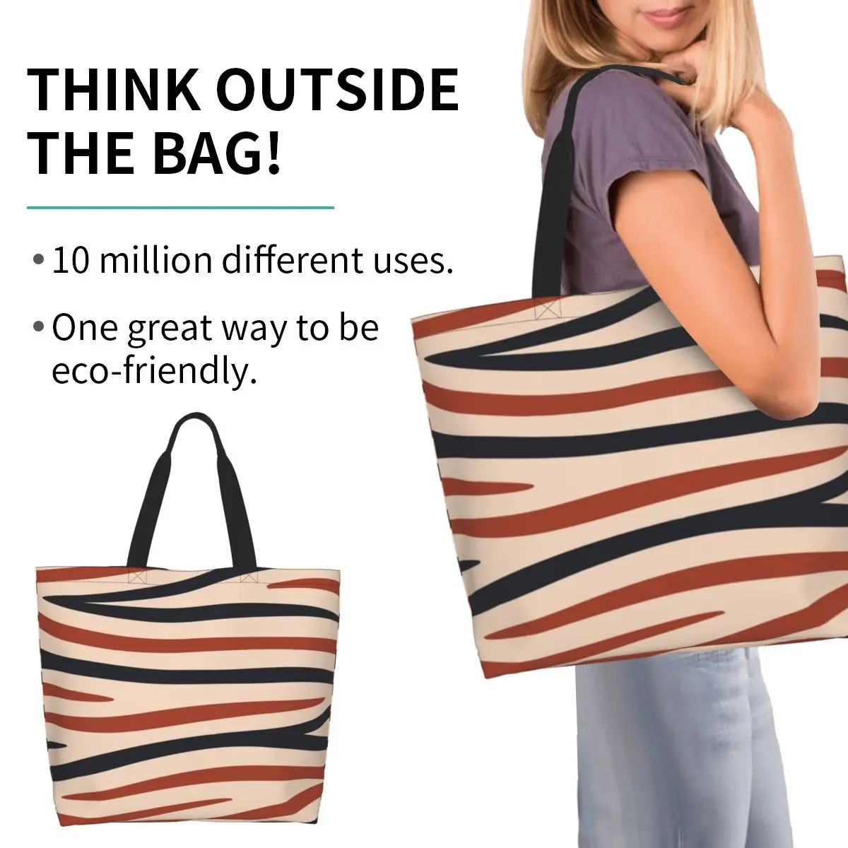 Zebra Animal Print Terracotta And Navy Shopping Tote Bag Canvas Large Capacity Shoulder Bags Shopper Grocery Handbag for Women