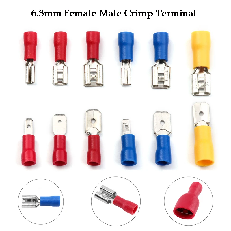 50pcs 6.3mm Female Male Insulated Spade Crimp Terminal Connector Set Electrical Wiring Connector Wiring Cable FDFD MDD