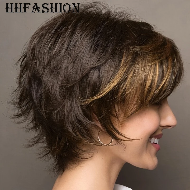 

HHFASHION 8inch Air Bangs Women's Synthetic Short Wig Comfortable Soft Rose Mesh High-Quality Design Hair Wig for Women