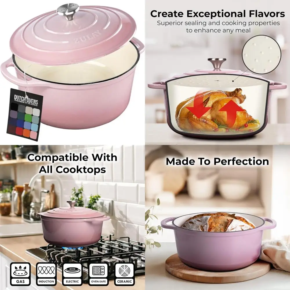 

Pink 6-Quart Durable Enameled Cast Iron Dutch Oven with Lid - Oven-Safe Up to 500°F for Baking, Stews, Braising, and Roasting