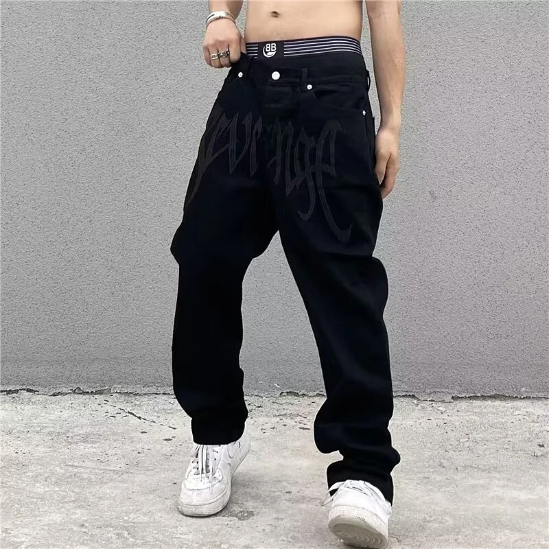 

Black Baggy Jeans Men's Fashion Embroidery American Loose Straight Y2K Jeans Four Seasons Hip Hop Rock Streetwear Denim Trousers