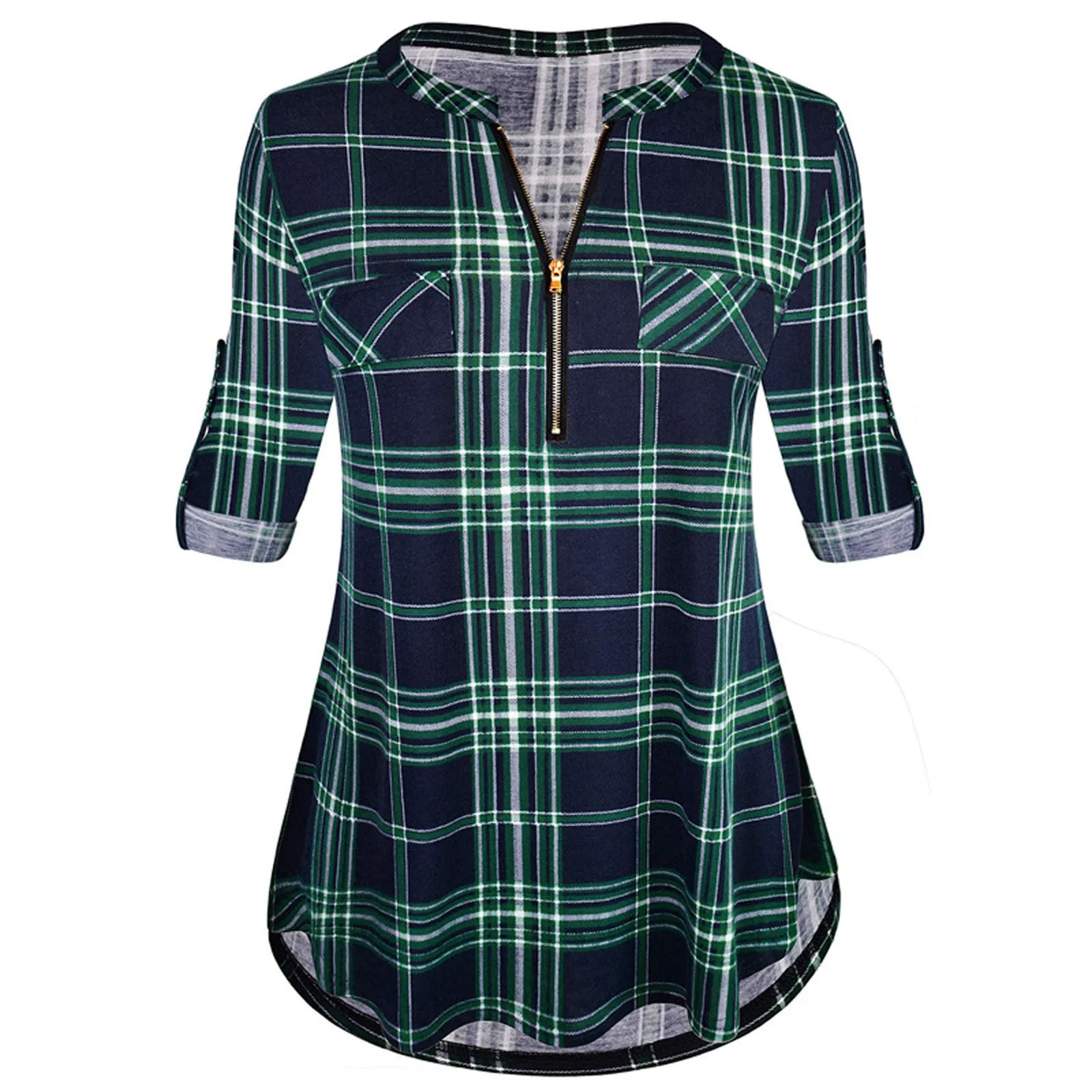 Womens Tunic Shirts Plaid Printed Blouses Casual Rolled Sleeve Zipped V-Neck Tunic Tops Blouse Ladies Spring Autumn Tops blusas