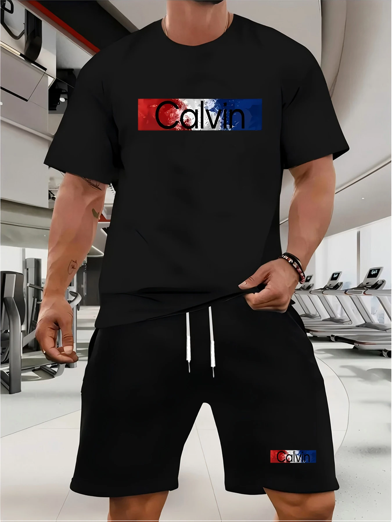 

2025 Элегантный и повседневный мужской комплект из футболки и шорт, спортивный комплект, свободный и удобный летний комплект с круглым вырезом для студентов и молодых мужчин