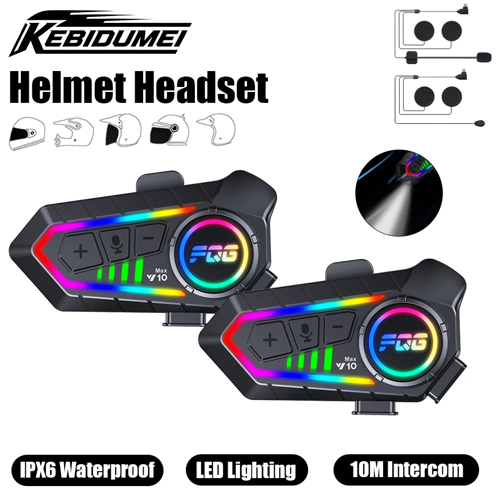 

KEBIDUMEI Y10 Max шлем гарнитура мотоцикл 10 м домофон Bluetooth наушники светодиодное освещение домофон музыкальный плеер мото аксессуар