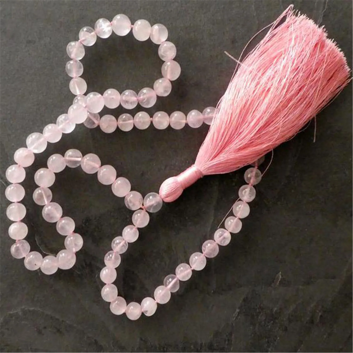 8mm Natural Rose Quartz Gemstone Tassel Necklace 108 Beads Trendy Hipster Bohemian Unisex Opera length Men's Zen Pendant Mala