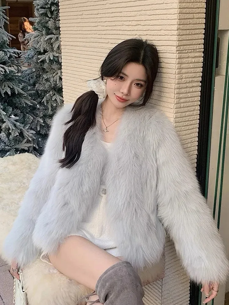 

Blue Faux Fur Elegant Coat Women Vintage Slim Long Sleeve Winter Sweet Jacket Korean V Neck Female Soft Warm Retro Solid Outwear