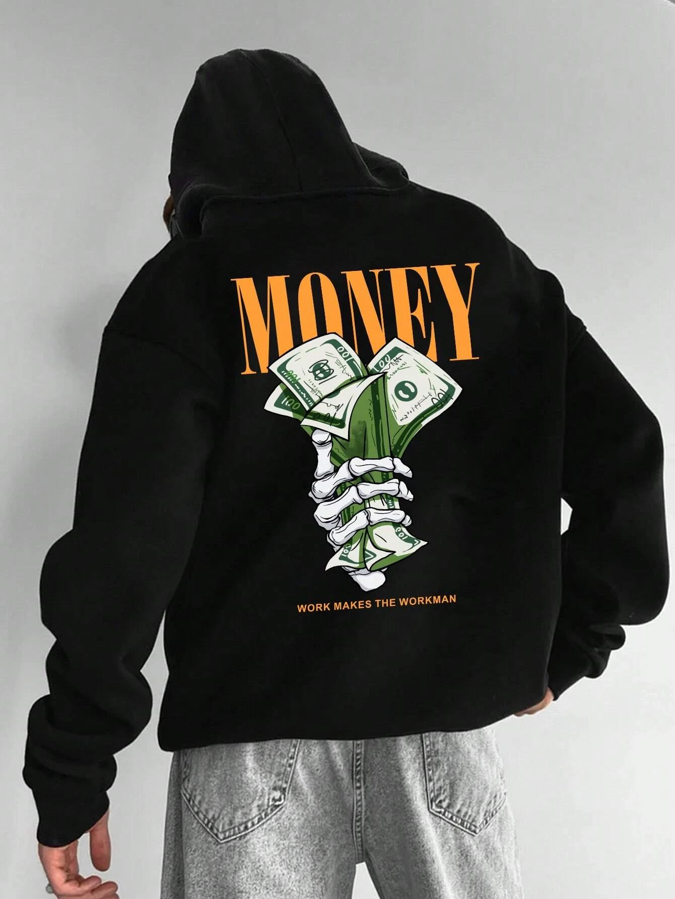 

Men's Skull Hooded Sweater Money Pattern Long Sleeve Kangaroo Pocket Drawstring Sweatshirt Casual Loose Sportswear Streetwear