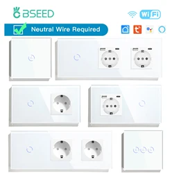 BSEED WIFI 1/2/3Gang 1/2/3Way Light Switch Smart Wall Touch Switches Smart Life APP Glass with Normal EU Socket Without Wifi