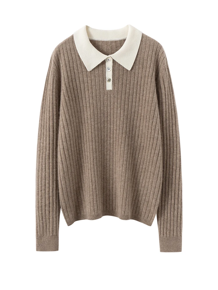 

TLOML Women's 100% Cashmere Sweater Polo Collar Pullover Color Block Slim Cashmere Knitwear Autumn Winter Soft Office Lady Tops