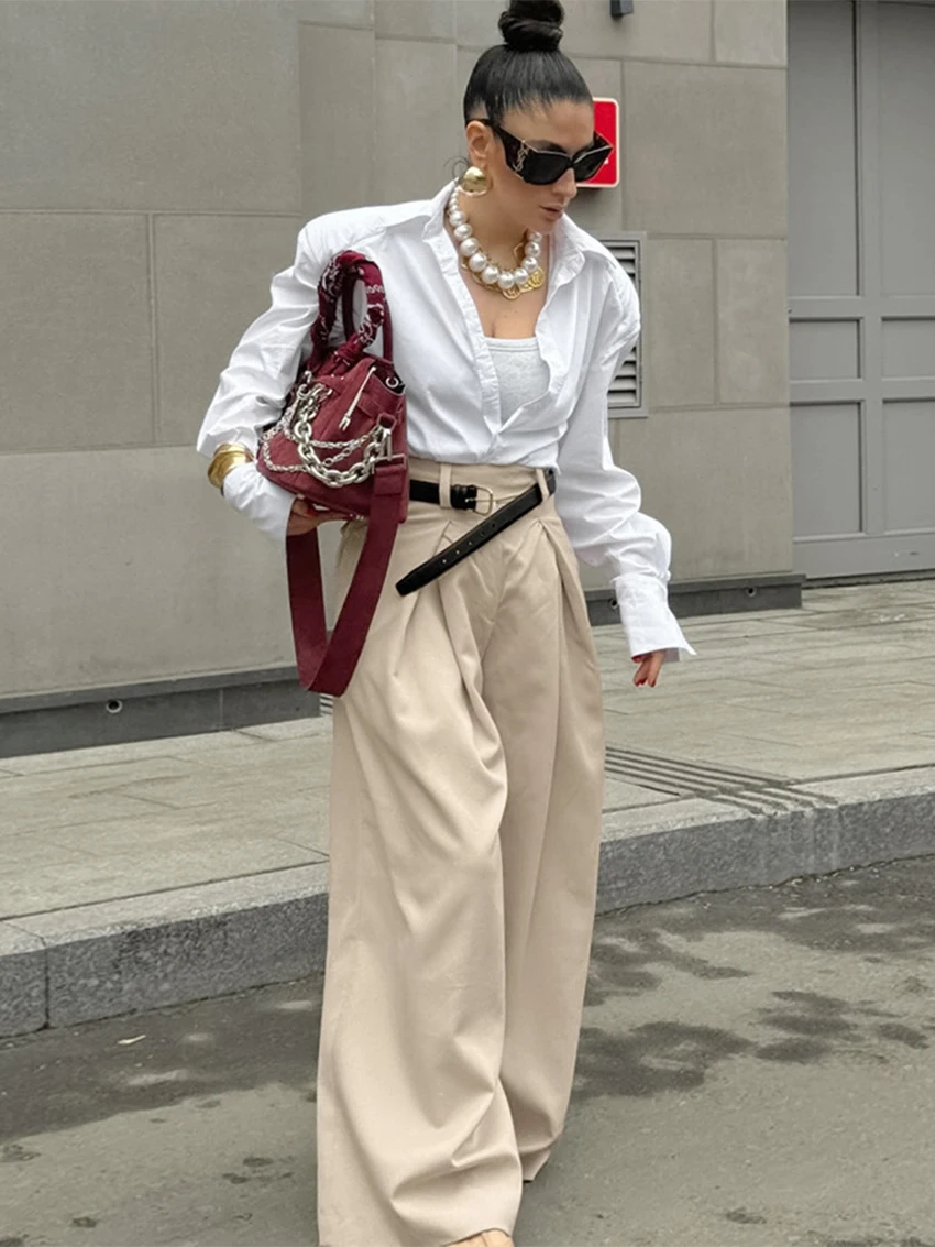 WXOY Damen-Hose, Beige, Übergröße, weites Bein, hohe Taille, plissiert, lockere Passform, elegante Freizeithose, Büro, Alltag, Stadt, Pendelkleidung