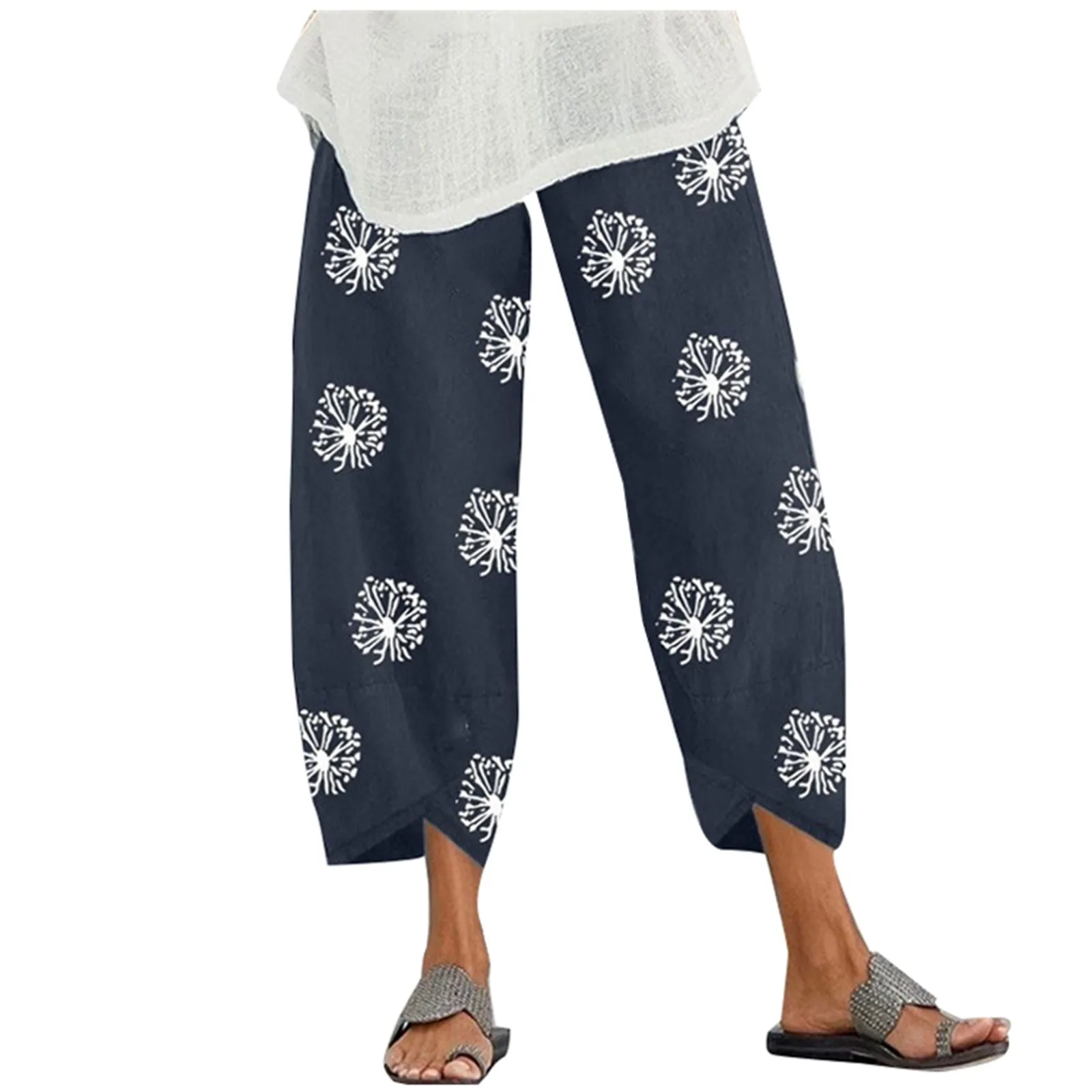 Women's Loose Cotton and Linen Pants Ladies Cropped Pants Floral Print Embroidered Elastic Waist Casual Pants With Pockets