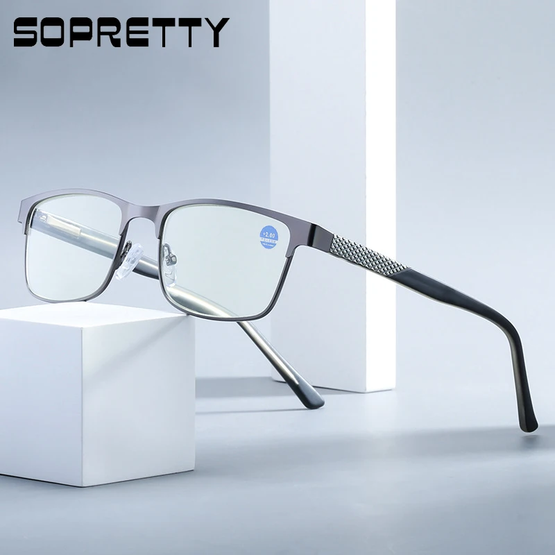 Men's Square Alloy Anti blue Light Reading Spring Hinge Glasses ,Metal Male Blue Ray Blocking Hyperopia Eyeglasses R1285