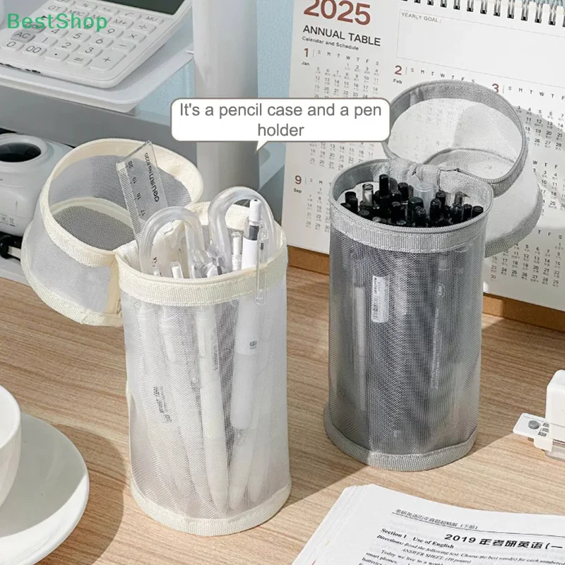 🍄 Multifunktionales Mesh-Federmäppchen, abnehmbarer Stifthalter mit großem Fassungsvermögen und Aufbewahrungstasche für Make-up-Pinsel, Schreibwarentasche für Studenten