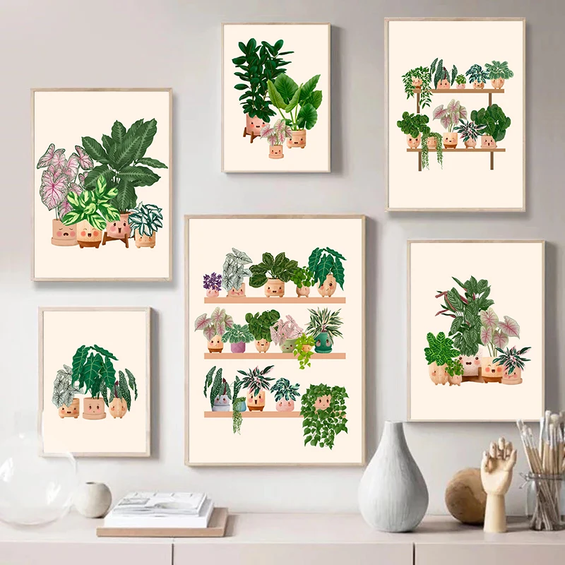 Family Potted Plants Cute Cartoon Flowerpot Posters Monstera Deliciosa Wall Art Canvas Painting Flower House Garden Home Decor