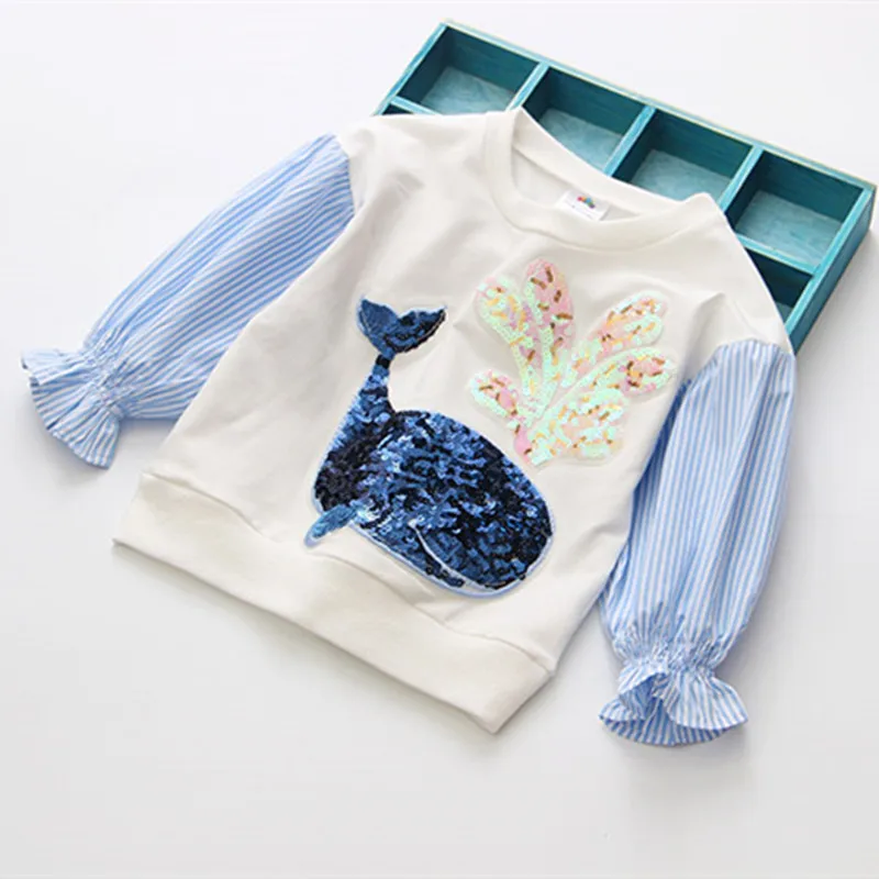 2023 Spring Autumn 2 3 4 5 6 7 8 10 Years O-Neck Long Sleeve Glitter Cartoon Dolphin Color Patchwork Baby Kids Girls Sweatshirt