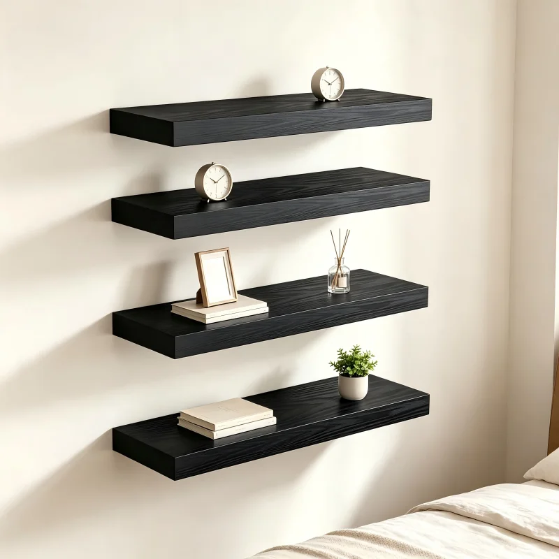 4-Pack Rustic Solid Wood Floating Shelves - Wall Mounted Display Storage Racks for Bathroom, Living Room and Kitchen Decor