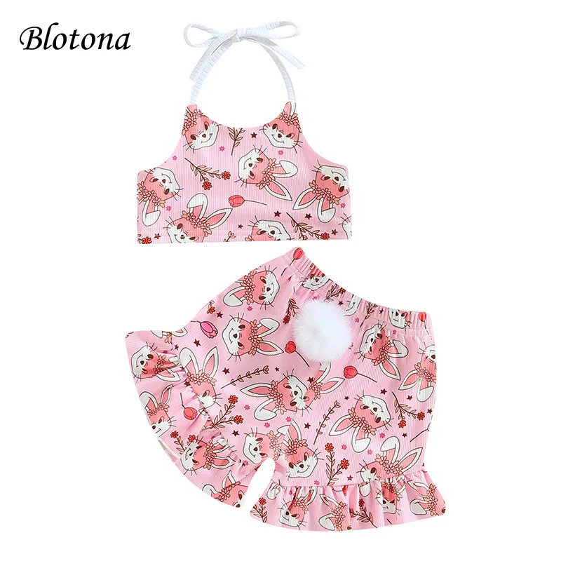 

Blotona Kids Baby Girls Summer Outfit Easter Bunny Print Sleeveless Halterneck Tops and Elastic Casual Ruffled Shorts Set 6M-4Y