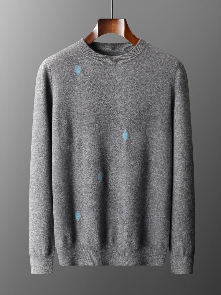 CHICUU Luxury Autumn Winter Men Cashmere Sweater O-neck Smart Casual Pullover 100% Cashmere Knitwear Soft Warm Rhombus Design