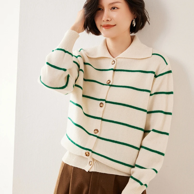 New Autumn Winter Women's 100% Merino Wool Cardigan Cashmere Sweater Polo Collar Stripe Casual Soft Long Sleeve Knit Top