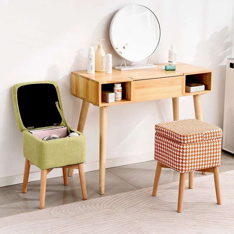 

Solid Wood Dressing Table Stool Living Room Makeup Nail Chair Nordic Dining Stool Household High Storage Space Saving Furniture