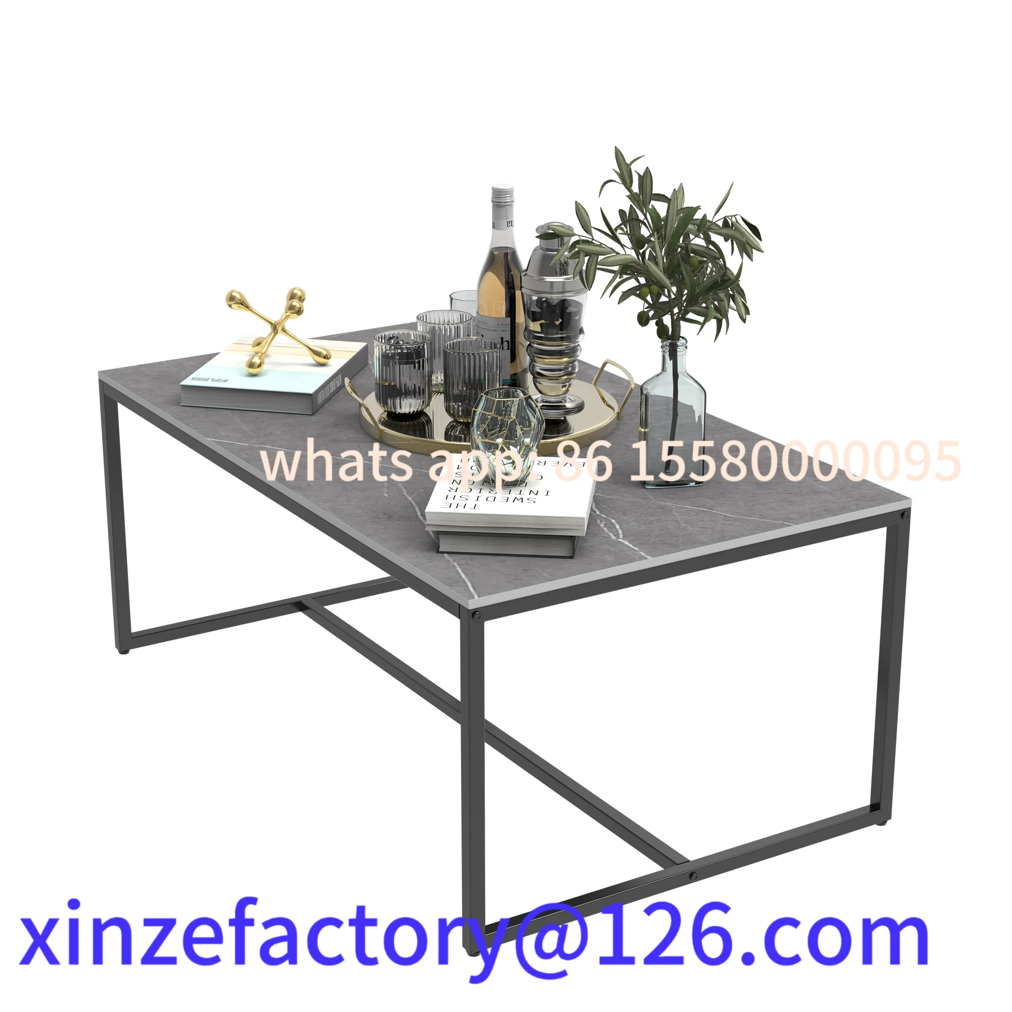 Centro de sofá cinza personalizável com estrutura de metal preto - mesa retangular de decoração de móveis